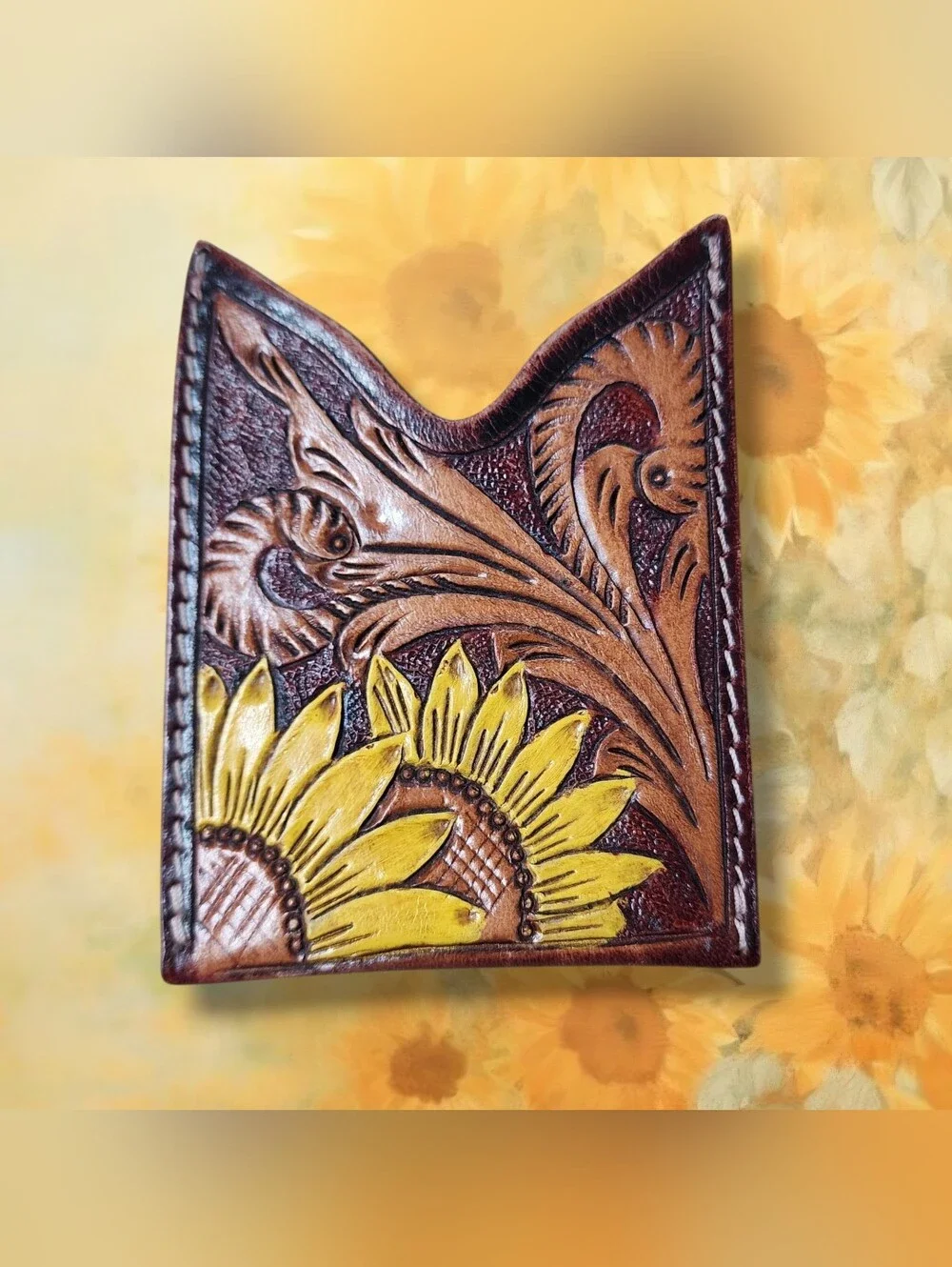 American Darling Hand-Tooled Sunflower Card Wallet - Brown & Yellow - Picture 1 of 3